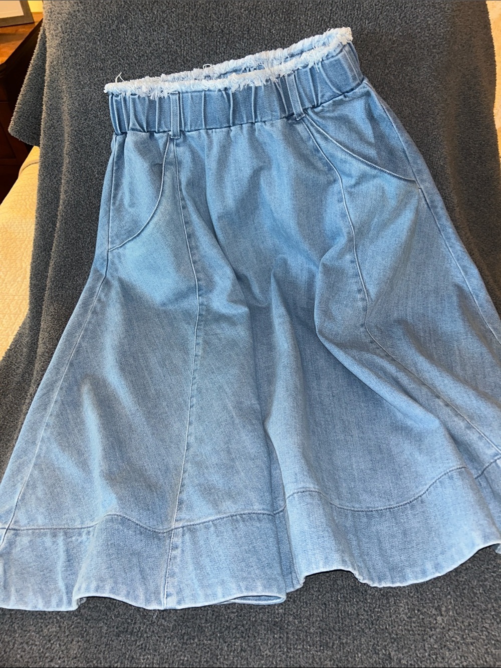 Light Blue Denim A-Line Skirt with Frayed Elastic Waist